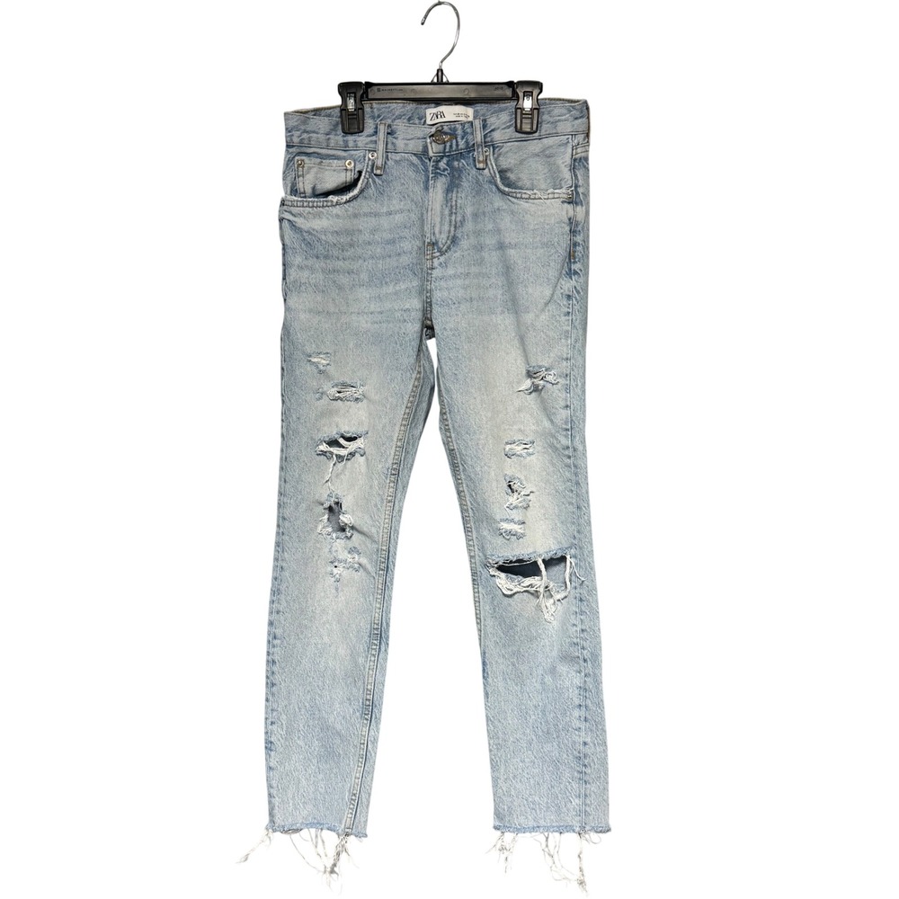 ZARA The Cigarette Distressed‎ Light Wash Denim Jeans Women US 4 Raw Hem Boho